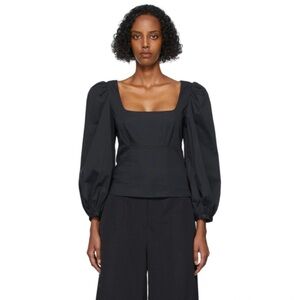 STAUD Black Lana Puff Sleeve Fitted Cotton Blouse Size 6 Chic Elegant